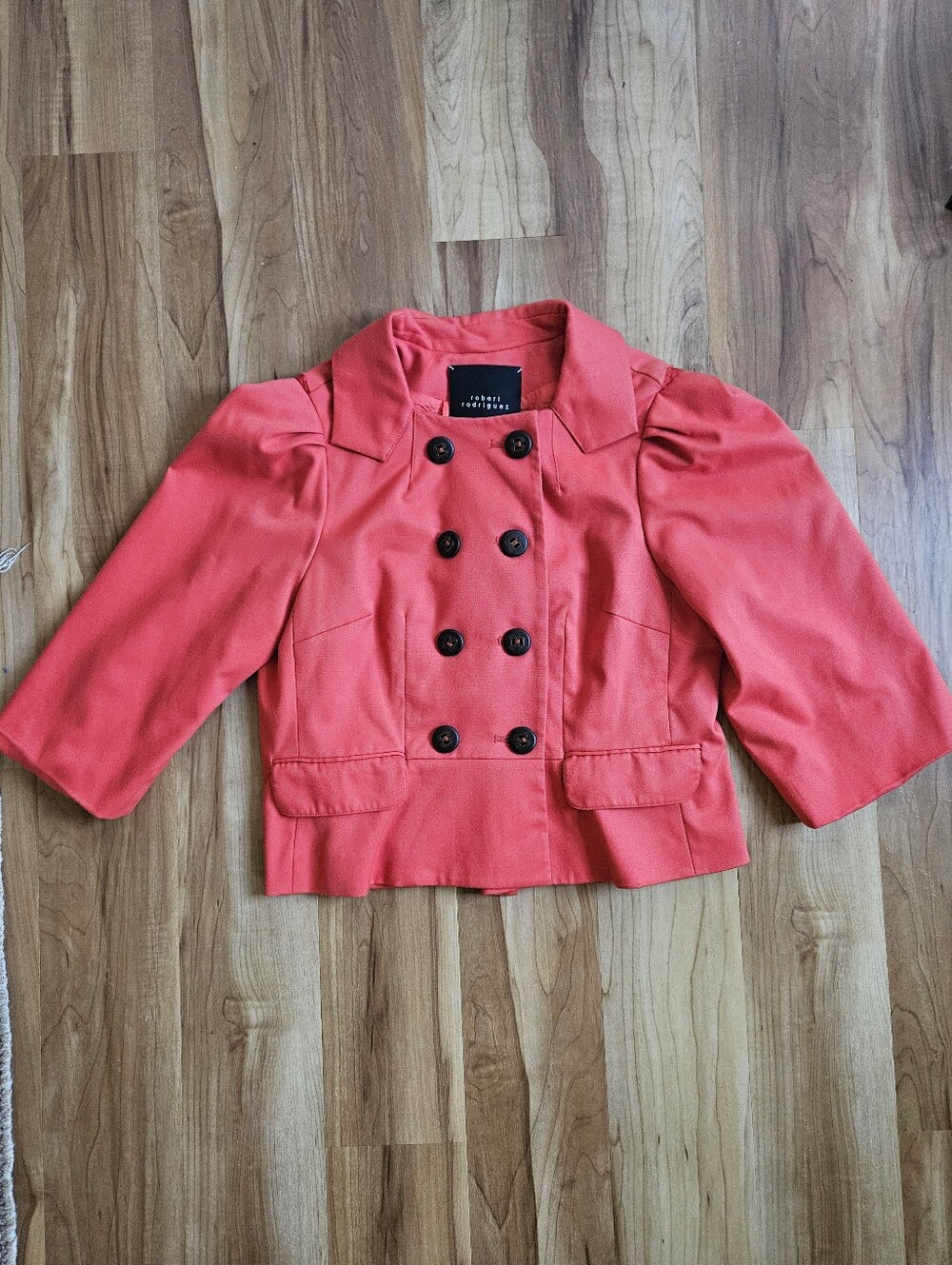 Robert Rodriguez Redish Orange Double Breasted Cropped Jacket With Puff Sleeve